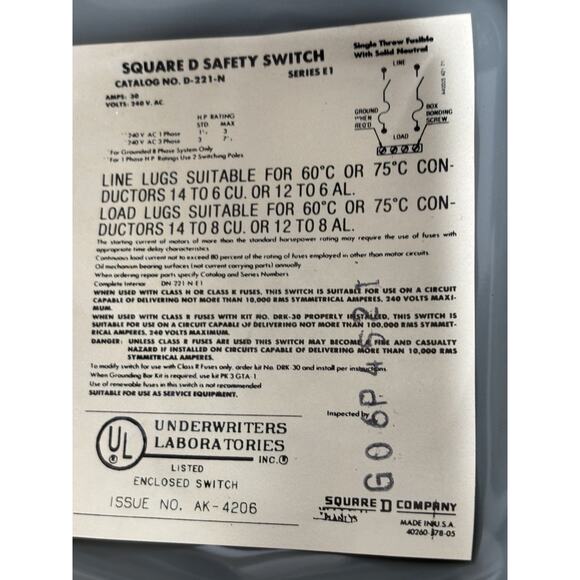 Square D D222N Fusible Safety Switch, 60A - Picture 7 of 8